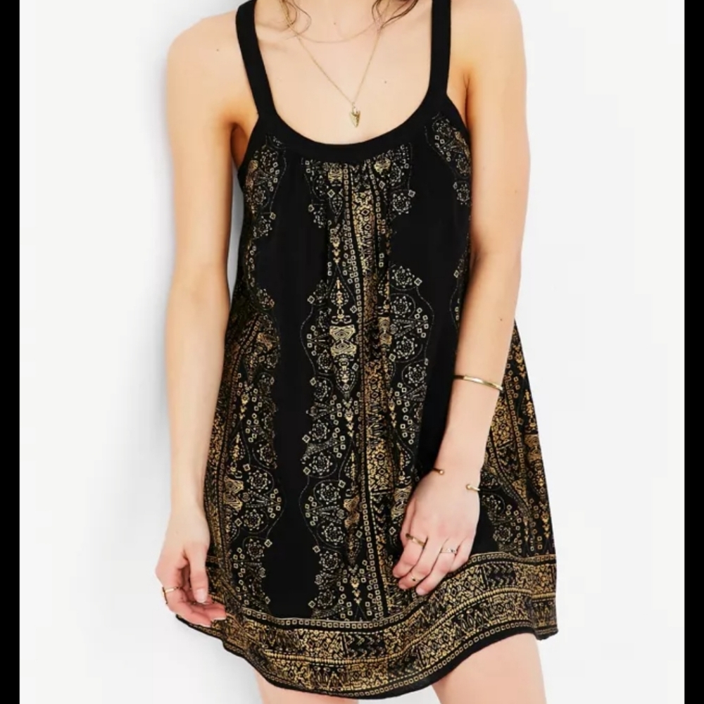 Ecote bay bay frock dress (urban outfitters) black with gold print.